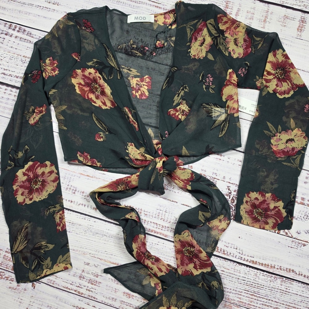 MOD Floral Wrap Top Womens Small‎ Green New Sheer Chiffon Long Sleeve Cropped